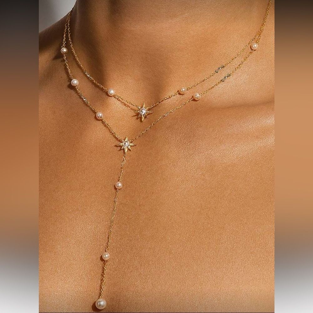 Gold Pearl Y-Necklace with Star N1270